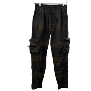Represent Pants Mens Medium Olive Green Plaid Cargo Joggers Drawstring Waist